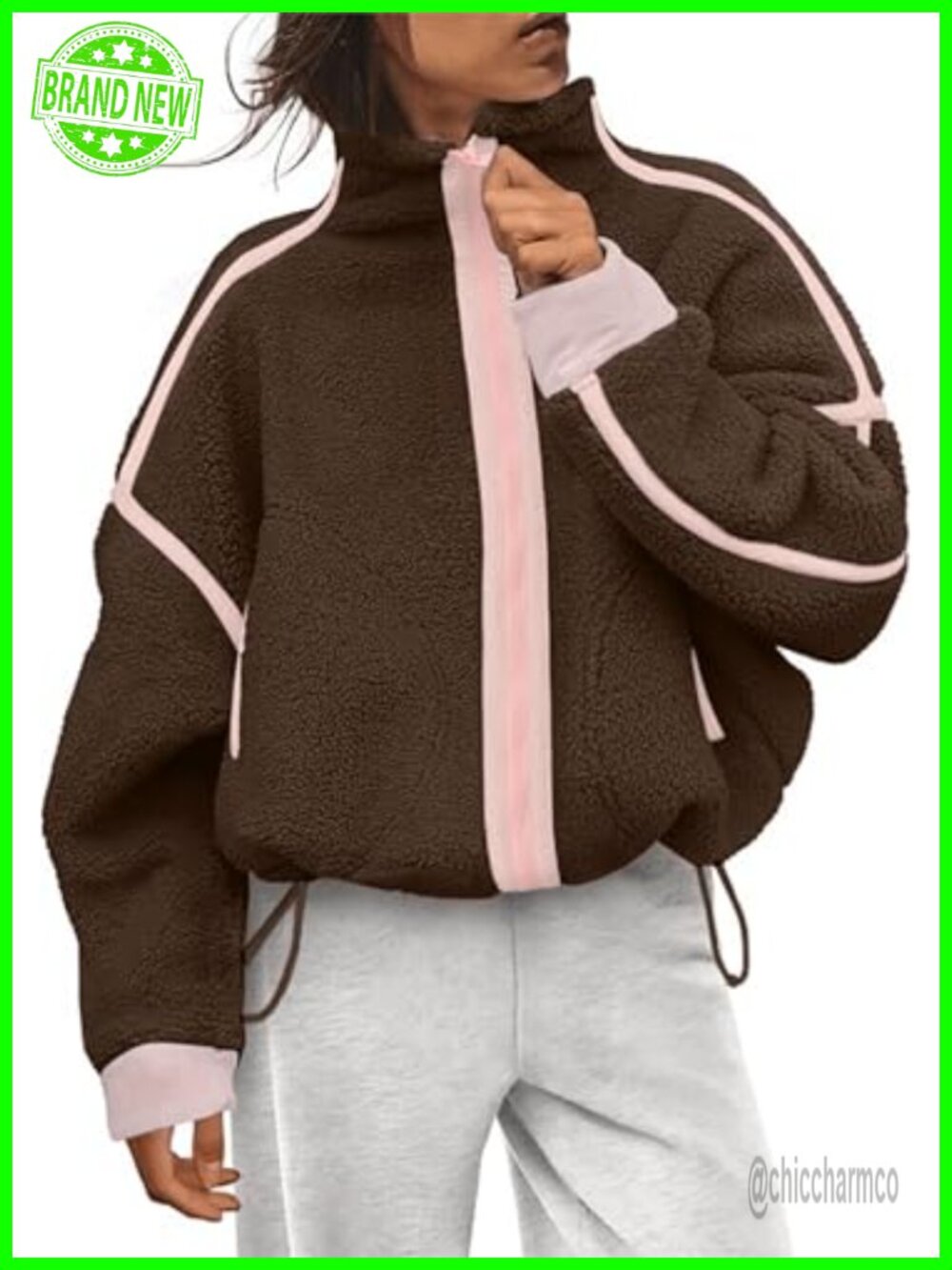 Sherpa Fleece Zip Up Jacket Women Cropped Cinch Waist